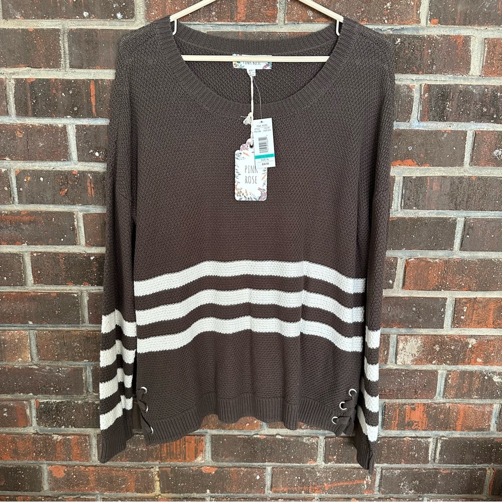 NWT Gray & White Pink Rose Striped Sweater with Lace Up sides